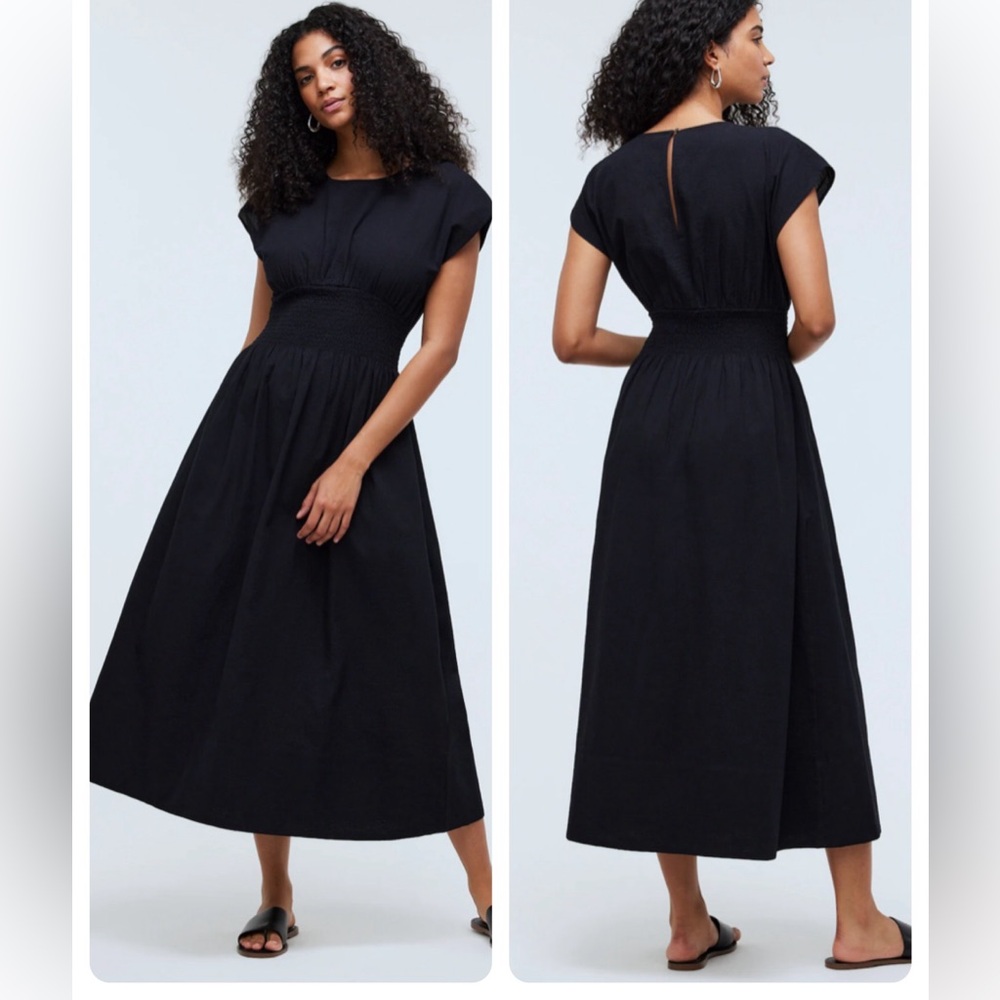 Madewell Smocked Waist Midi Dress Stripe Seersucker Linen Blend Black Small NWT
